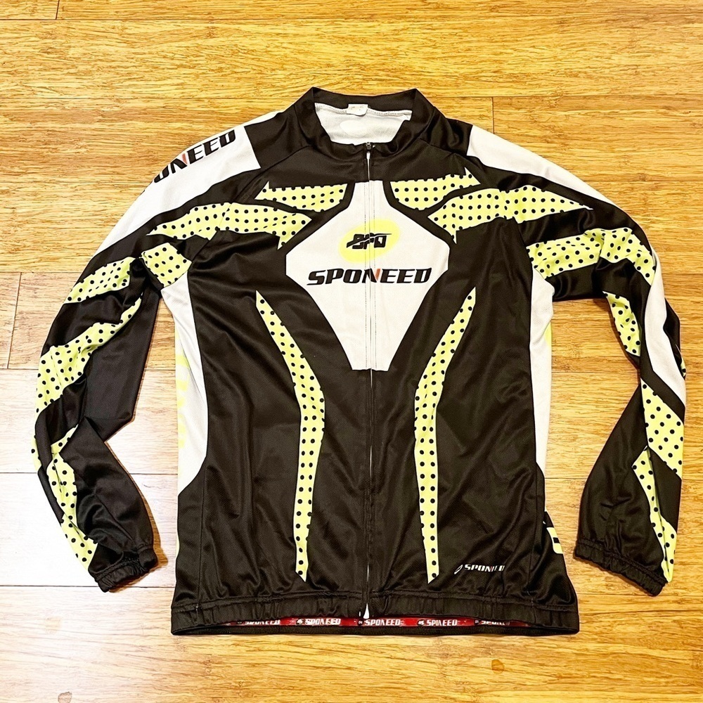SPONEED long sleeve full zip black, white, yellow cycling top w/ back pockets. L